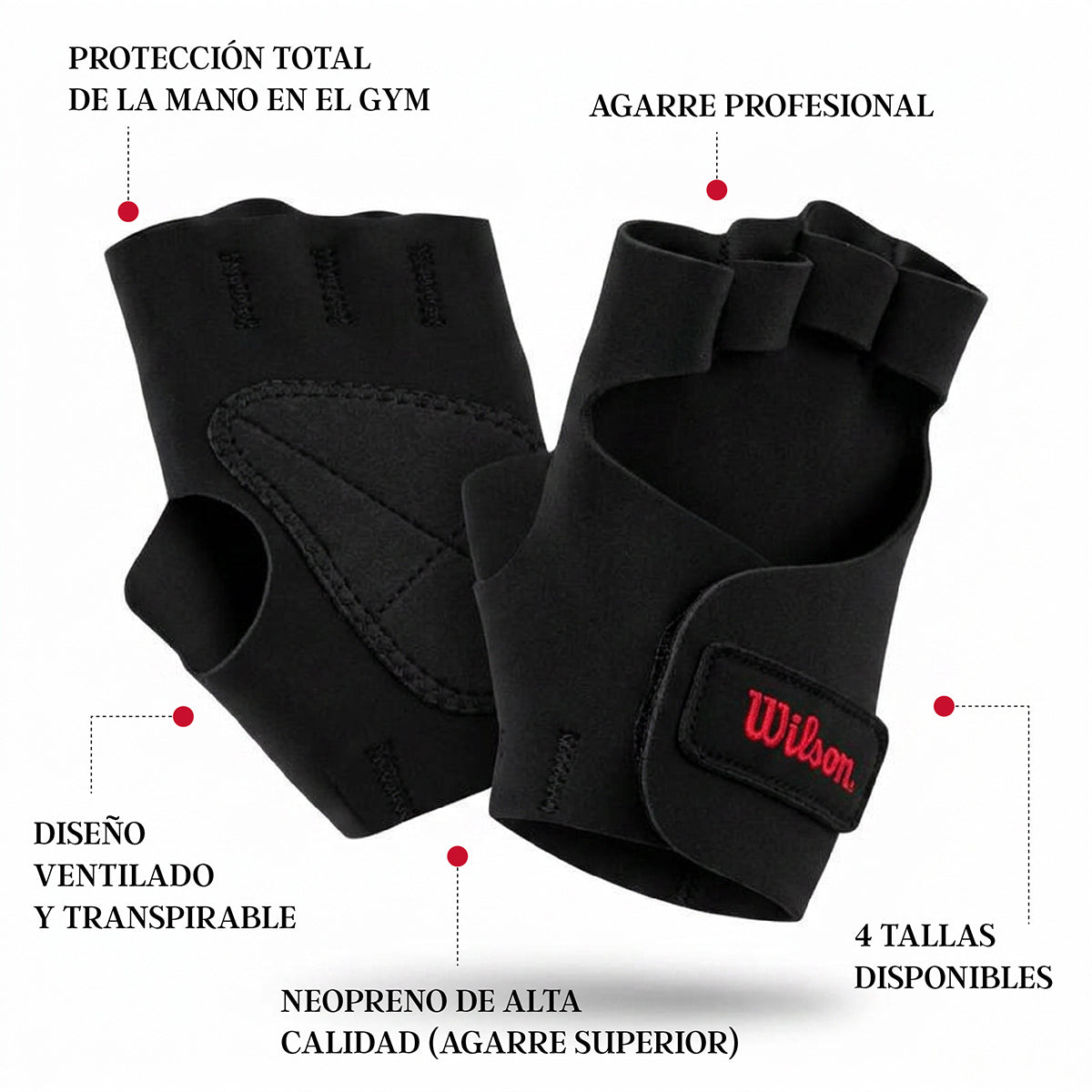 Guantes Pesas Wilson AW801 Neopreno Transpirable Soporte Muñeca Agarre Gym Unisex